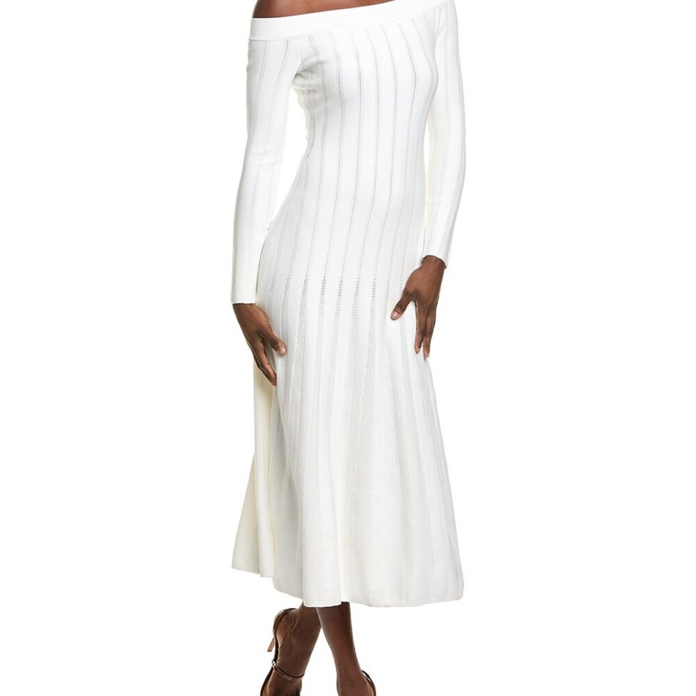 Lela Rose Off-The-Shoulder Long-Sleeve Pointelle Knit Godet Maxi Dress